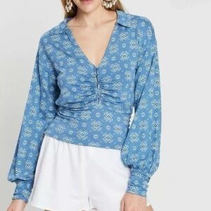 Free People Blue Long Sleeve Sydney’s Printed Blouse Sz. S